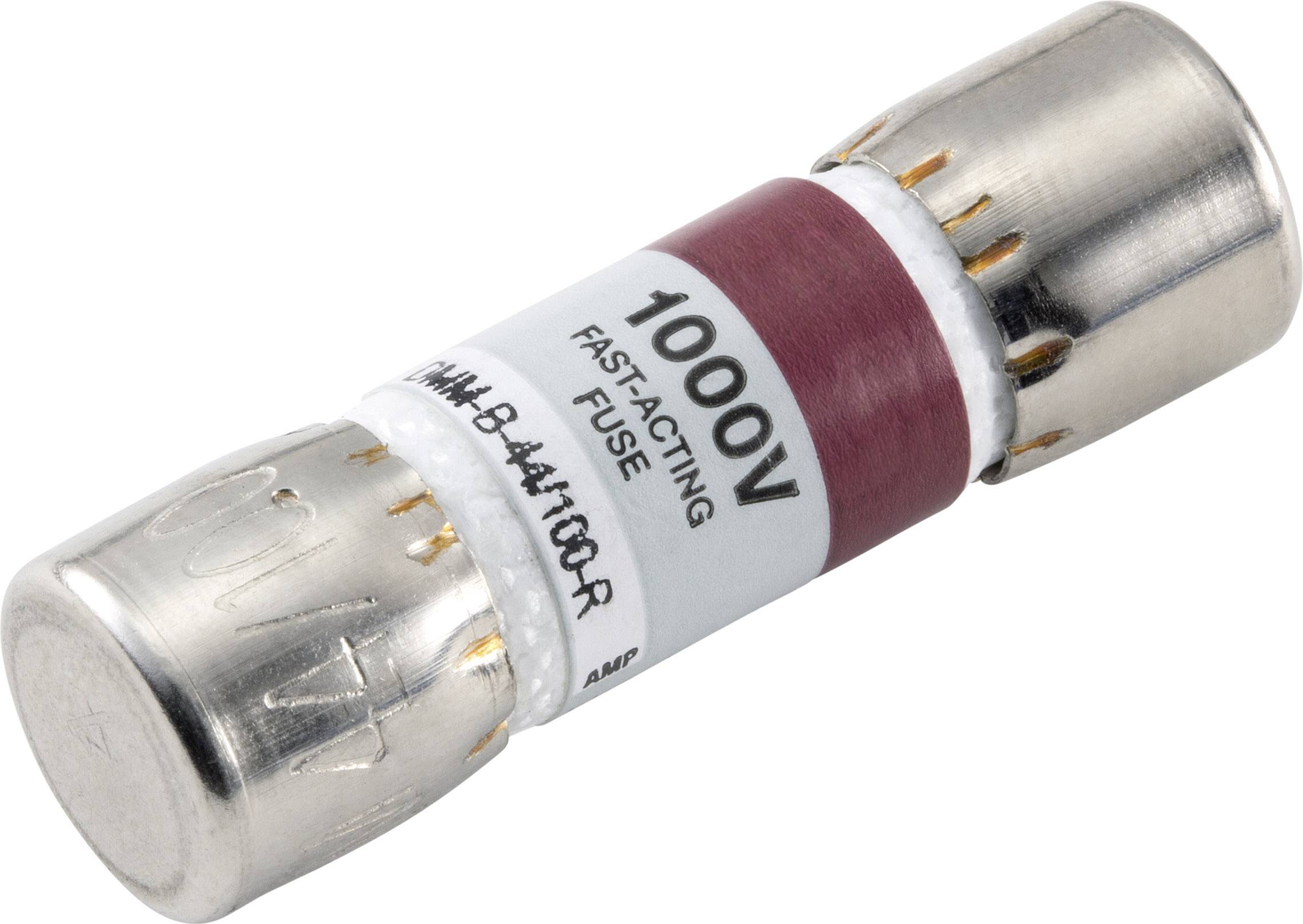 Cylindrical fuse with the inscription '1000V Fast-Acting Fuse', red sleeve, metal end caps, for electrical protection.