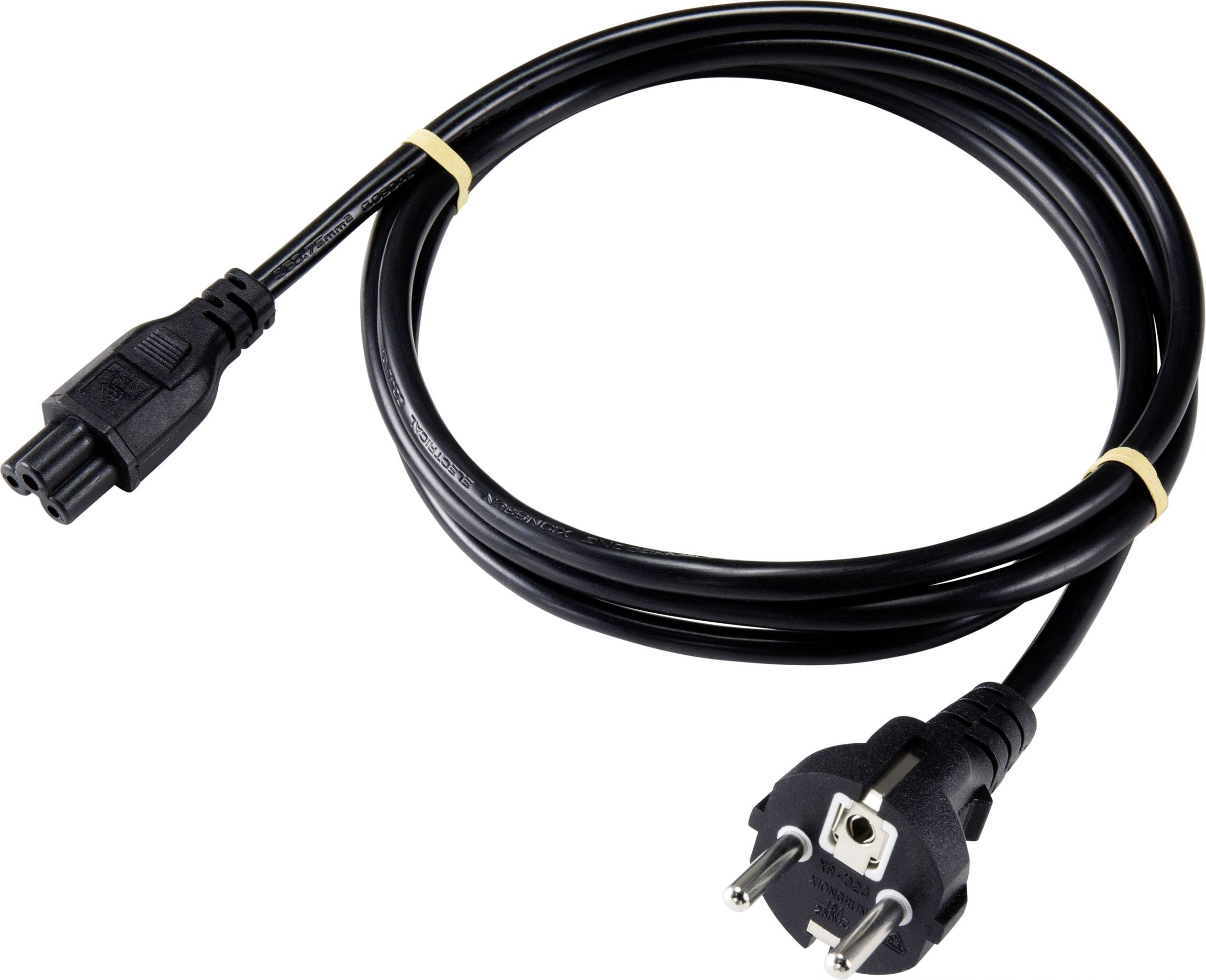 Black network cable with Schuko plug and C13 socket, primarily used for computers, printers and monitors.