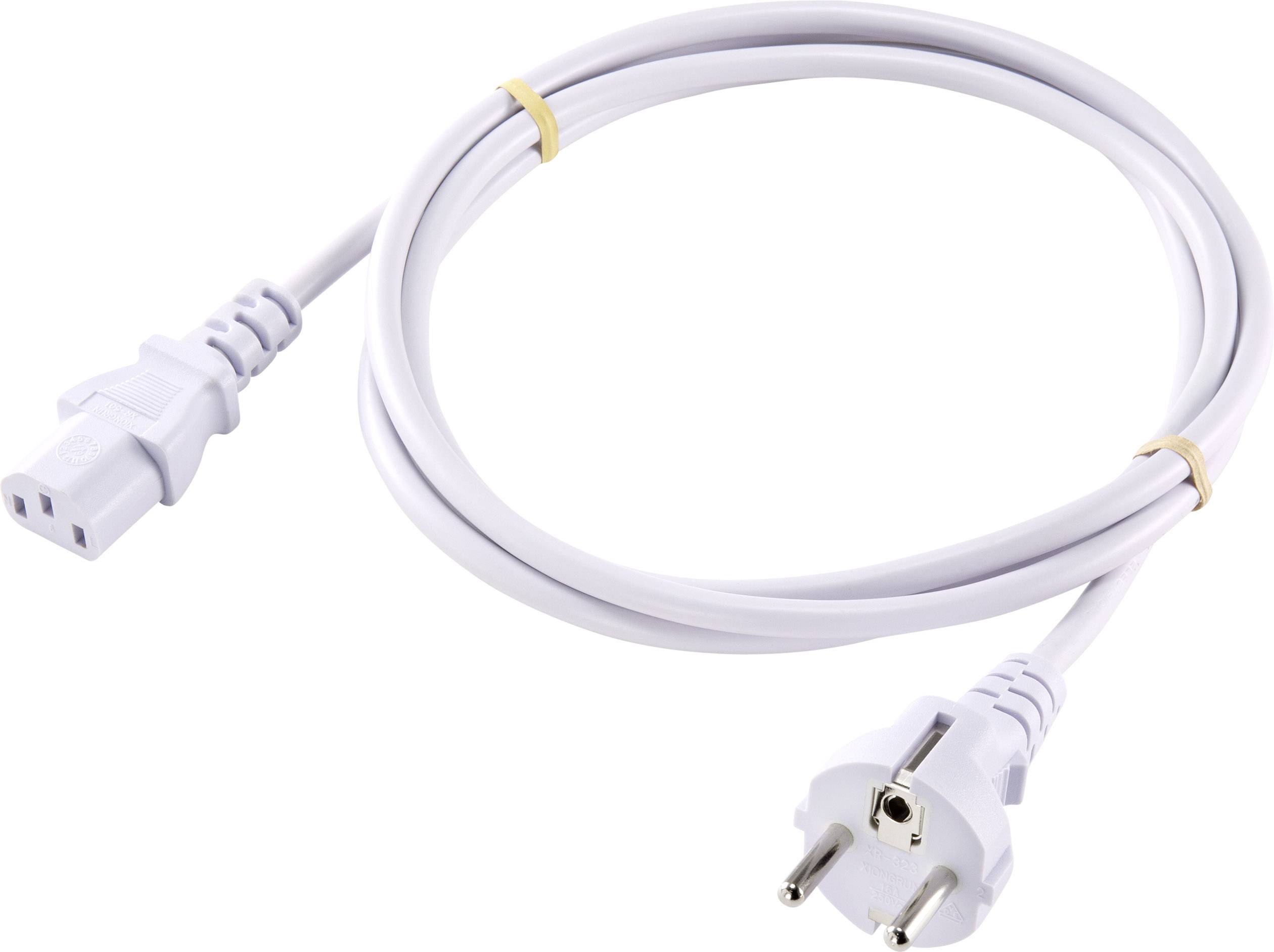White network cable with Schuko plug on one side and a female IEC C13 socket on the other side.