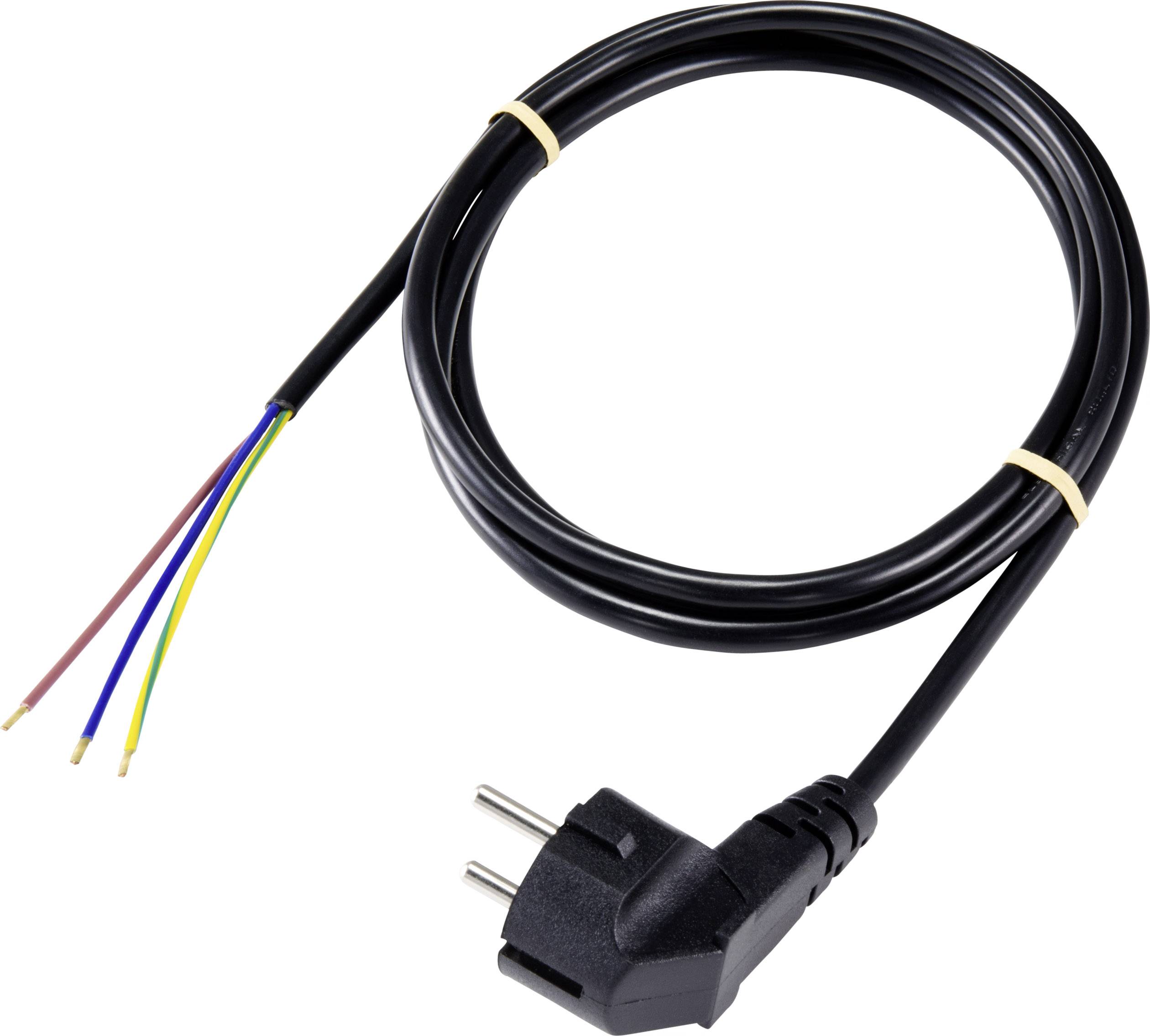 Black power cable with a plug on one end and exposed wires on the other, suitable for electrical connection work.
