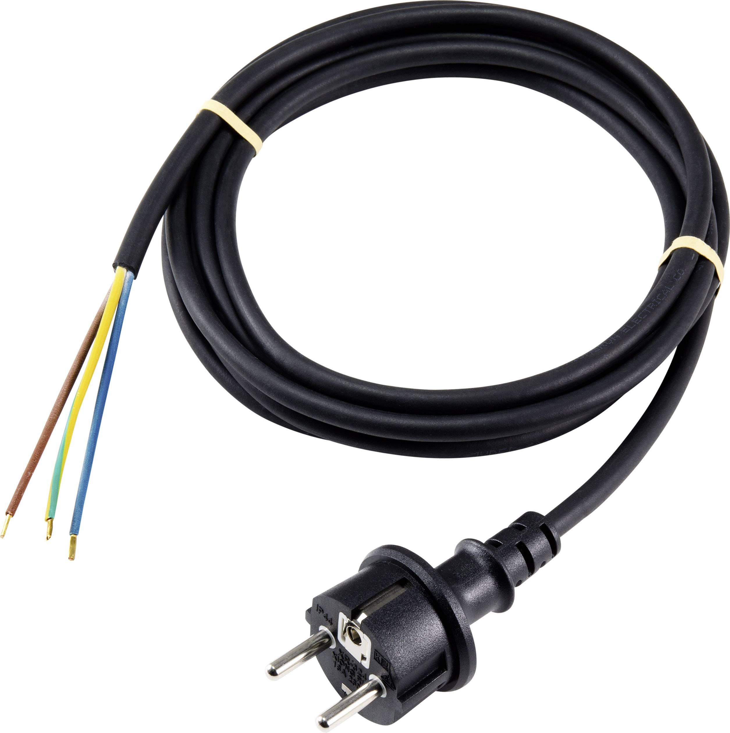 A black power cable with exposed blue, yellow, and brown wire ends and a European plug.