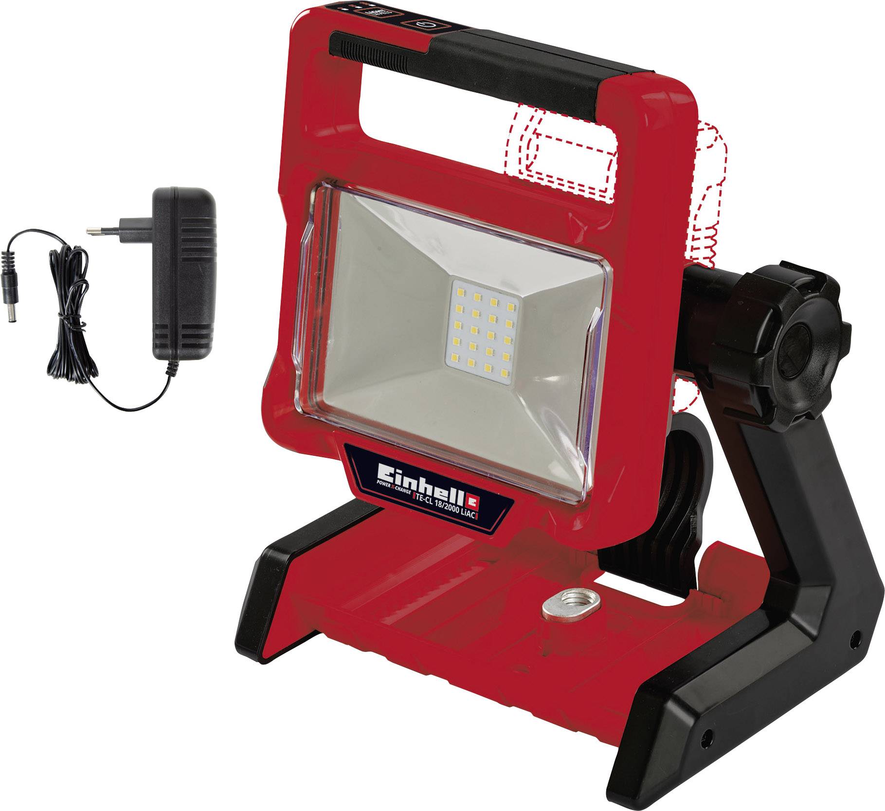 Red LED construction spotlight with black handle and integrated stand, including mains power adapter. Brand name visible on the front.
