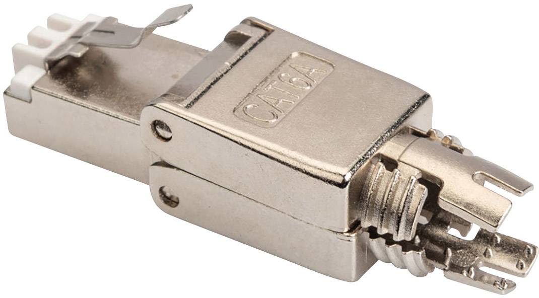 A metallic CAT 6A network plug, unmounted, shows the construction with terminals and housing. It is used to establish Ethernet connections.