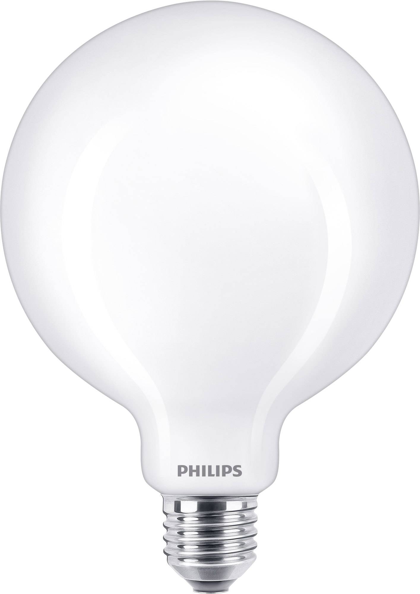 A white, round light bulb with a silver fitting and the inscription 'PHILIPS'.