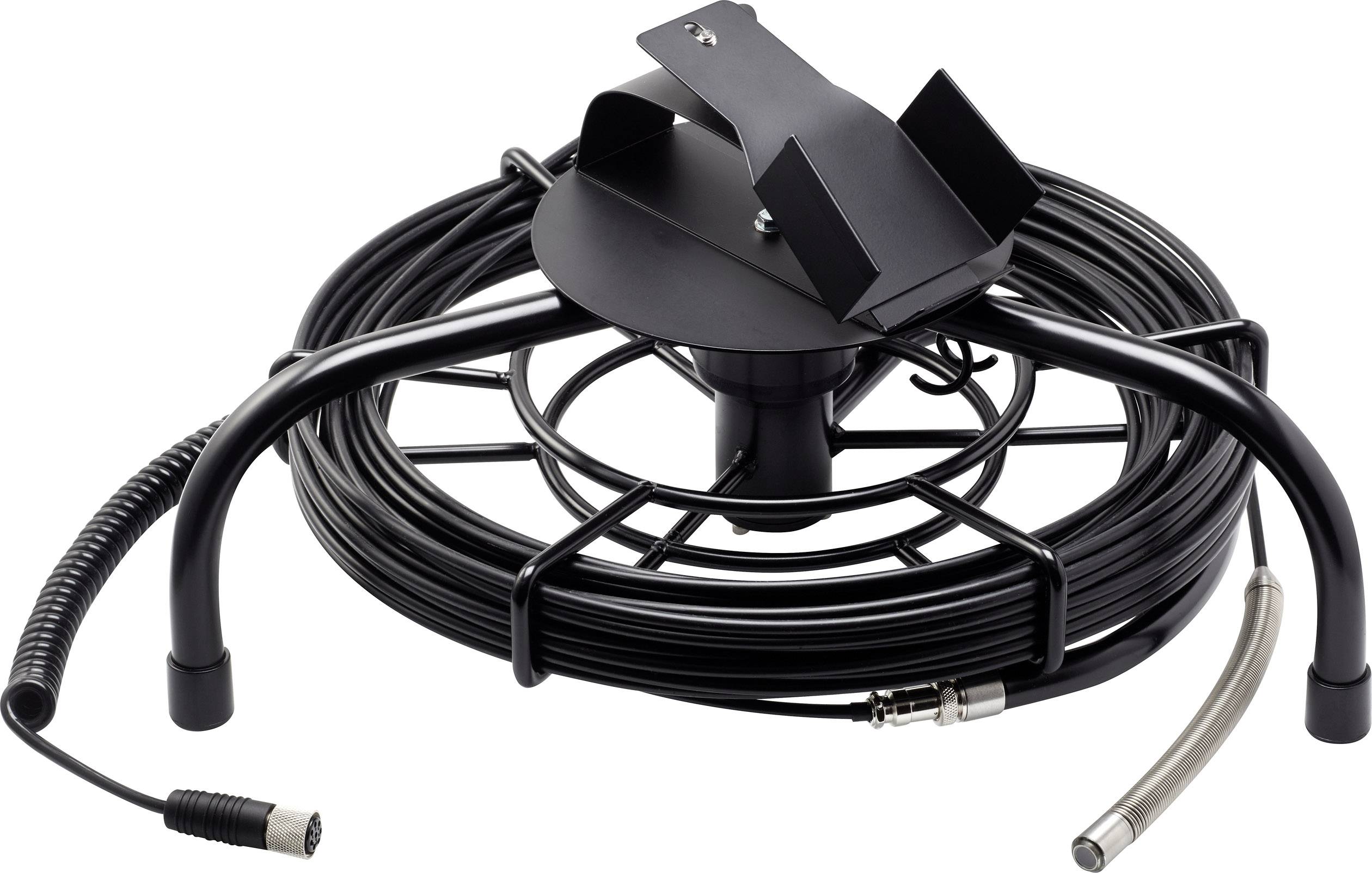A cable reel stand with a black cable and metal stand. At the cable end, there is a plug and a cylindrical sensor.
