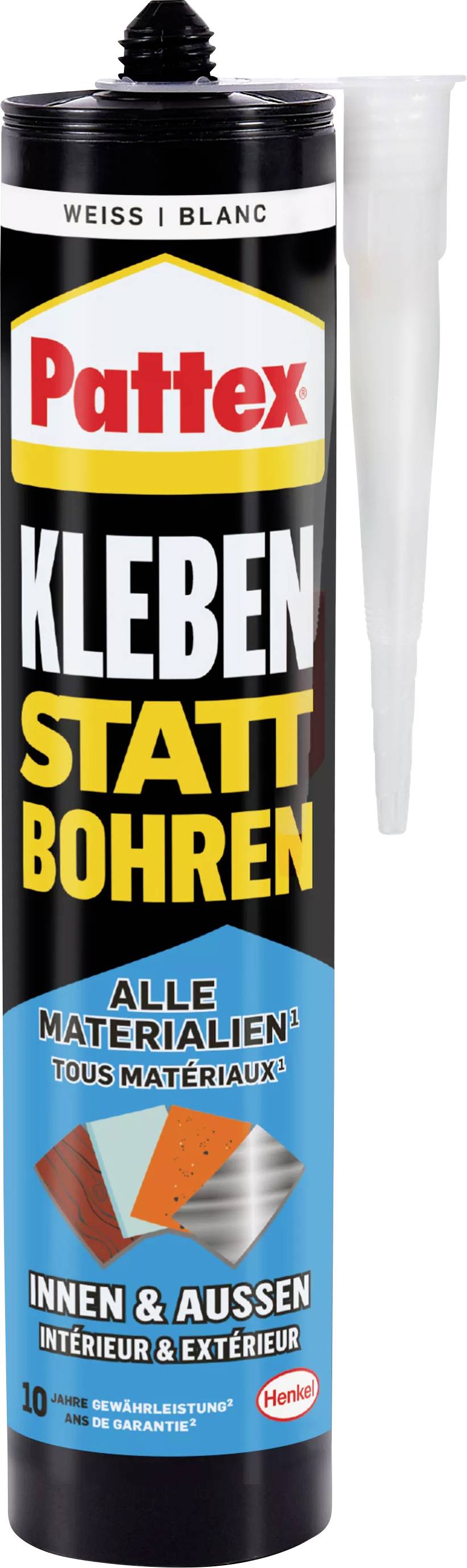 A tube of Pattex adhesive 'Stick Instead of Drilling', suitable for all materials, usable both indoors and outdoors.