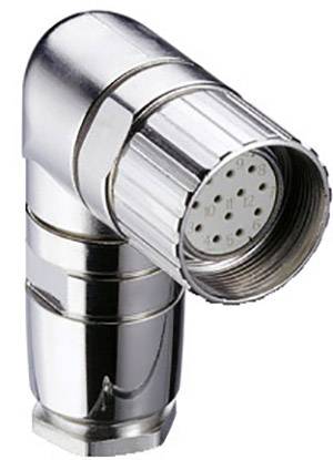 A silver, angled plug with multiple pins, suitable for connections in technical devices. It gleams metallically.