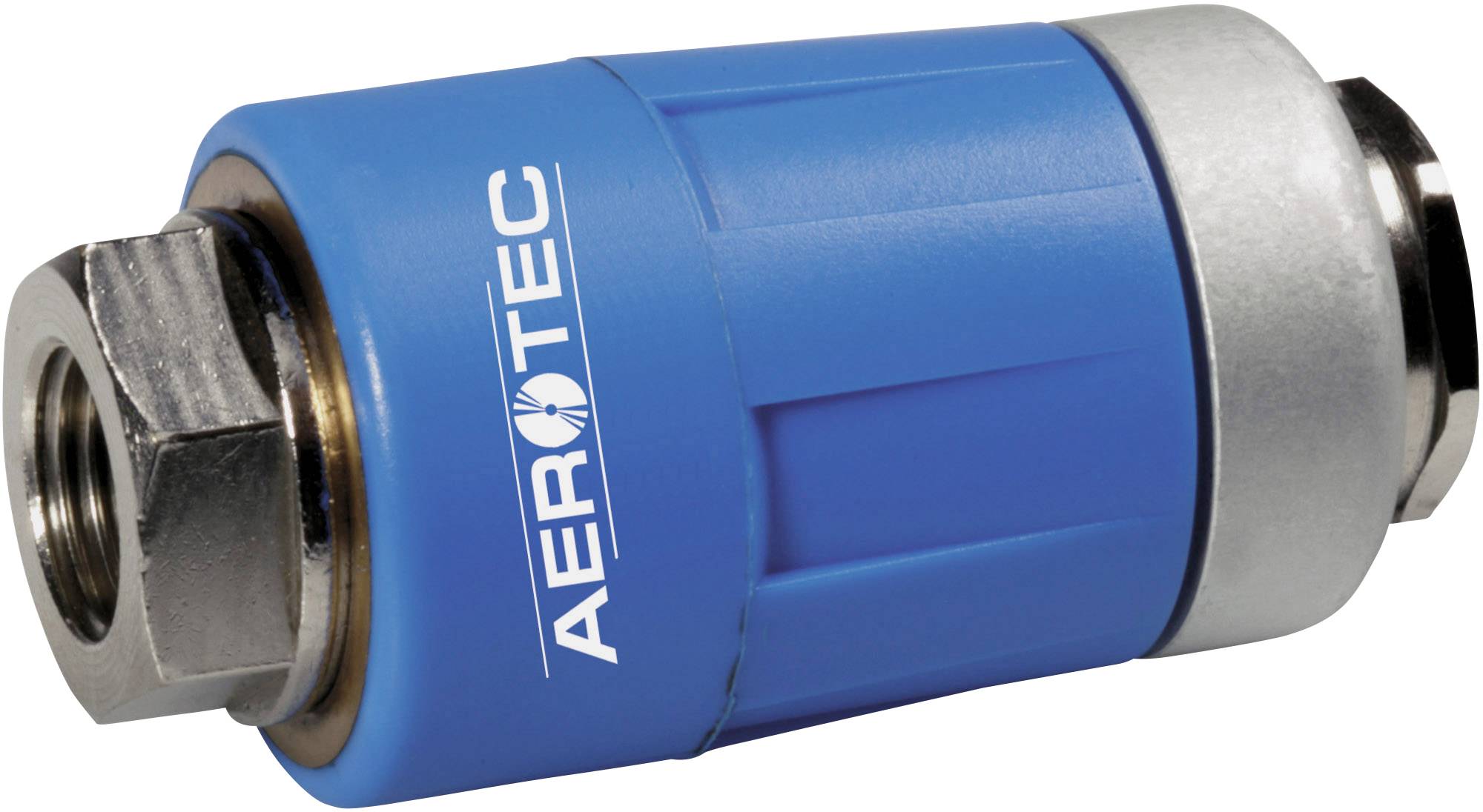 A blue quick-release coupling plug with the inscription 'AEROTEC'. Connects hoses or devices in compressed air systems.
