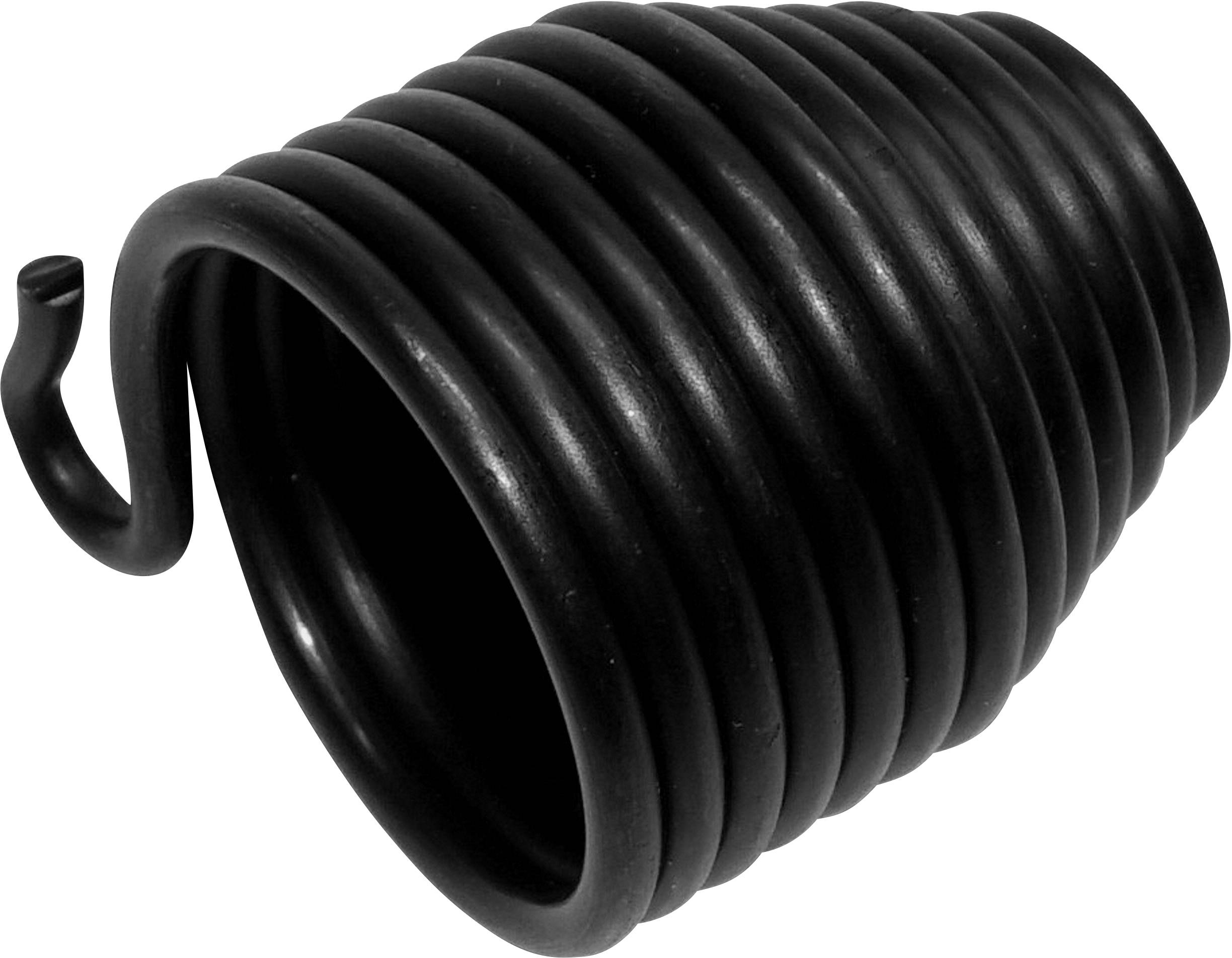 A black metal spiral spring with an internally curved tip, set against a white background.