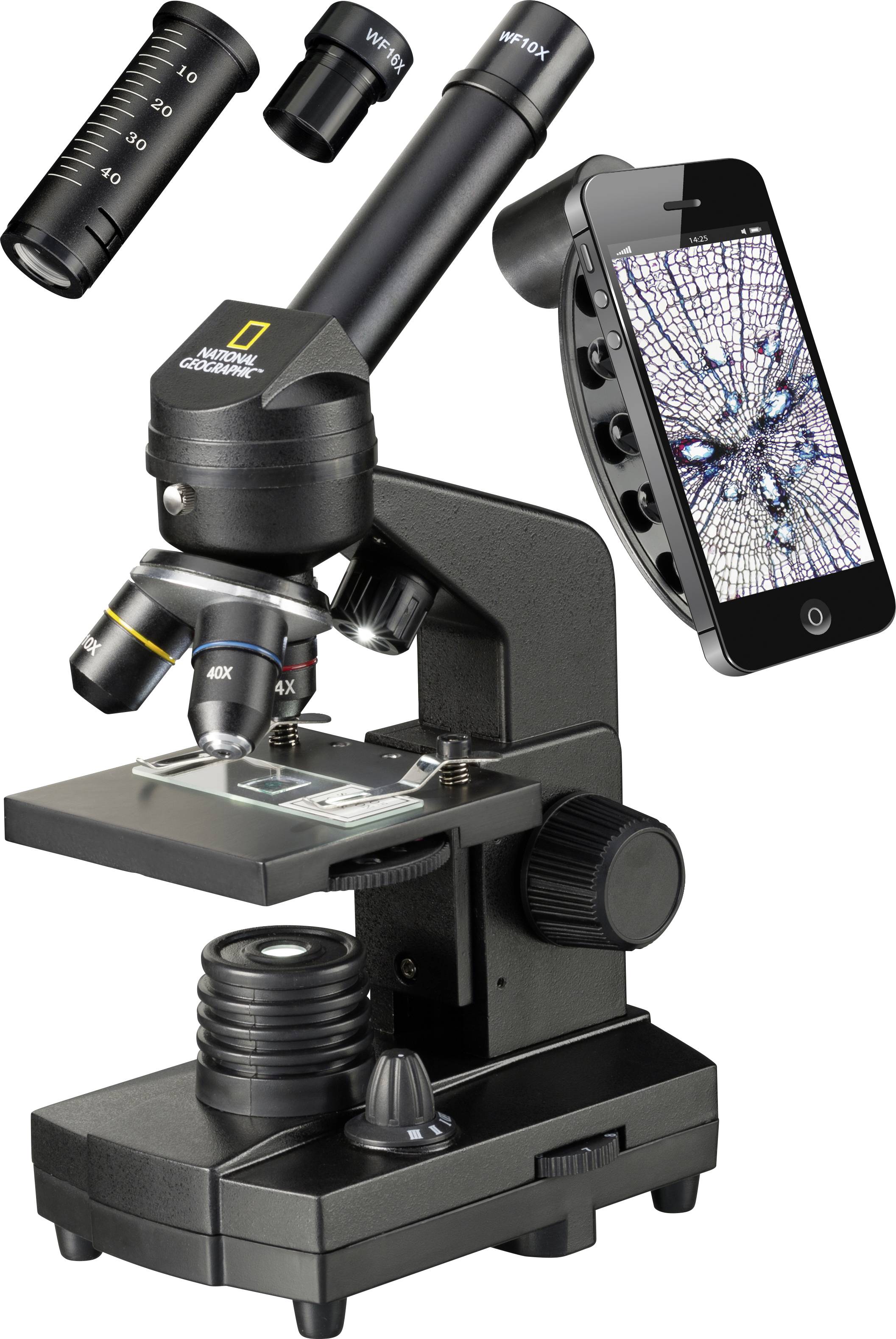 Black microscope with smartphone mount, various objectives visible. Smartphone displays a magnified image of a tissue sample.