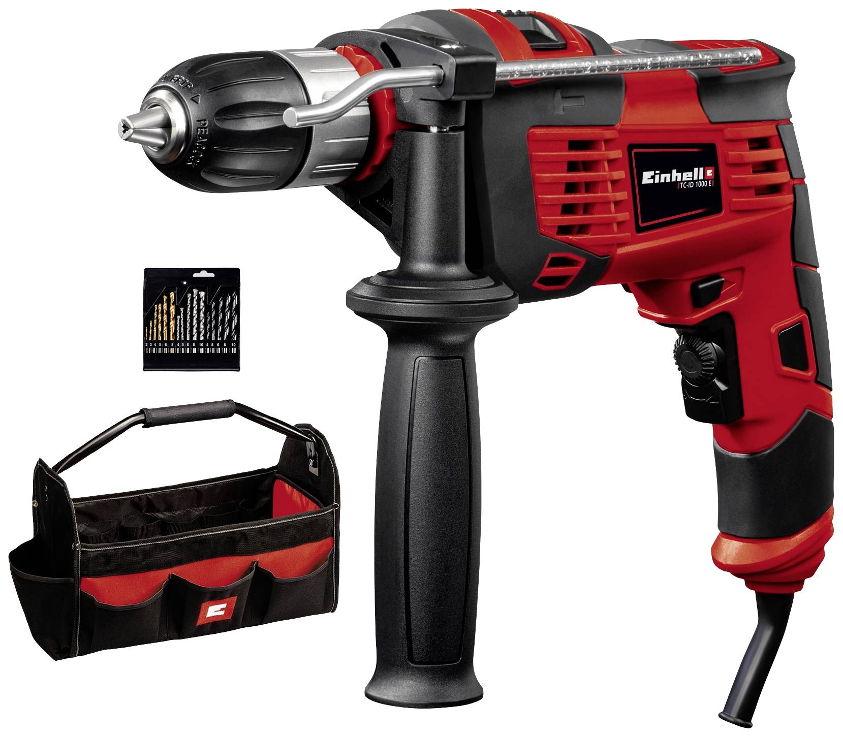 A red and black impact drill with handle and accessories, including a Practitioner bag and a set of drill bits.