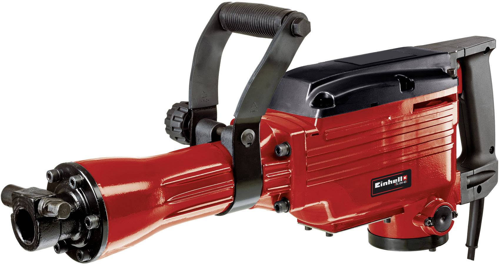 A red demolition hammer with a black handle, side lever, and black cap, used for heavy construction work.