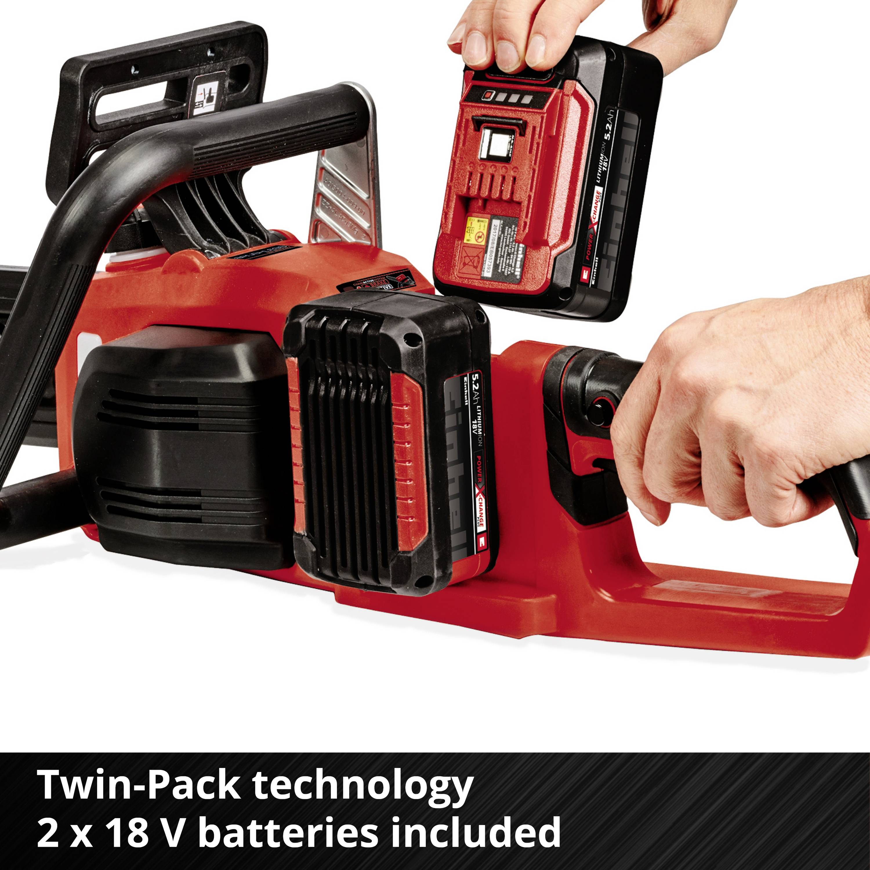 The image shows a red lawnmower with two removable, rechargeable batteries. The text below describes 'Twin-Pack Technology'.