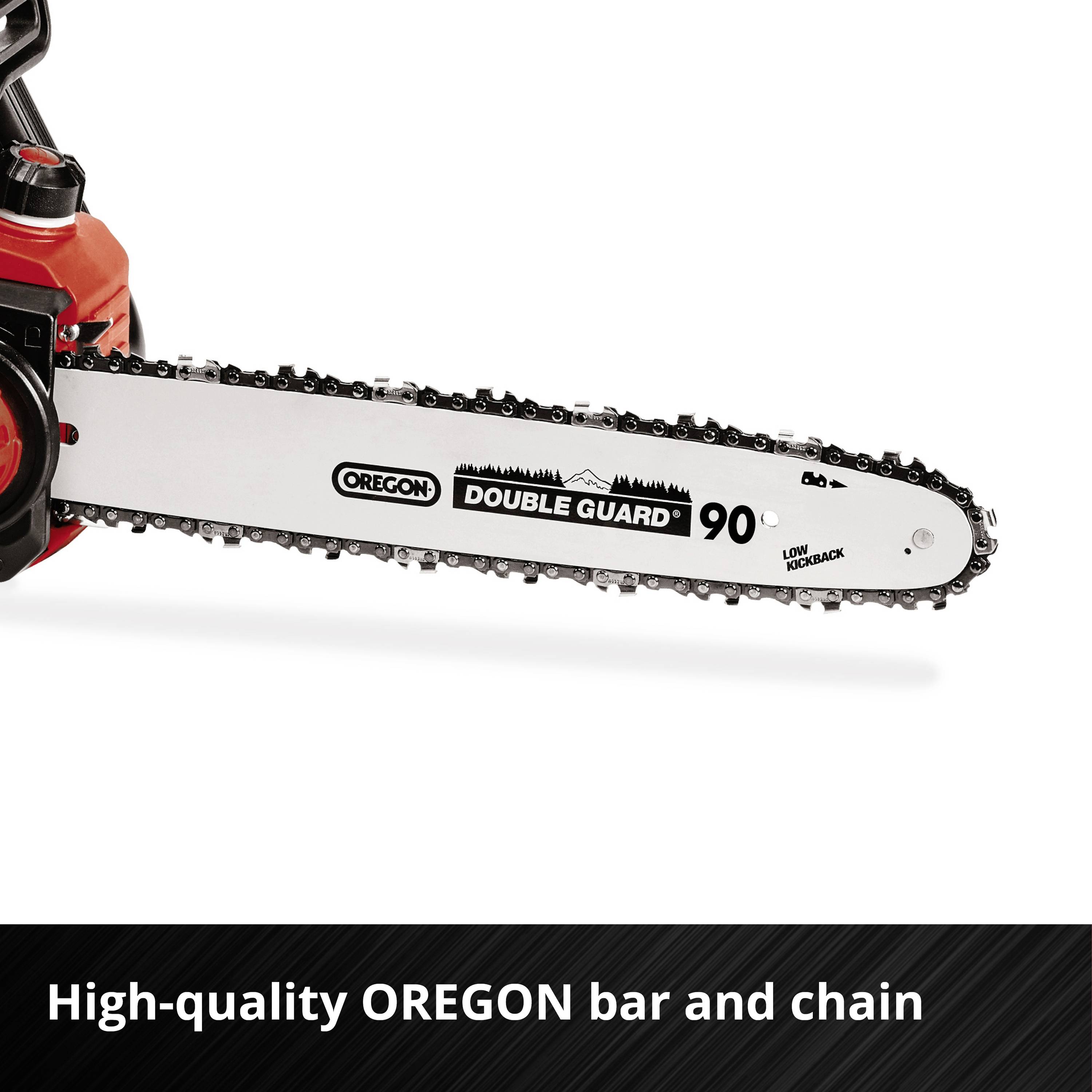A red chainsaw with an OREGON bar. Text below: 'High-quality OREGON quality bar and chain'.