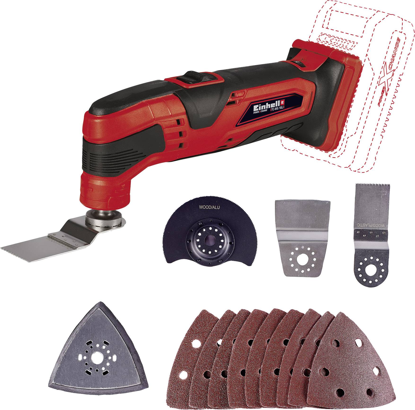 A red multi-functional tool with various attachments and sanding blades. Battery area marked, but battery is missing.