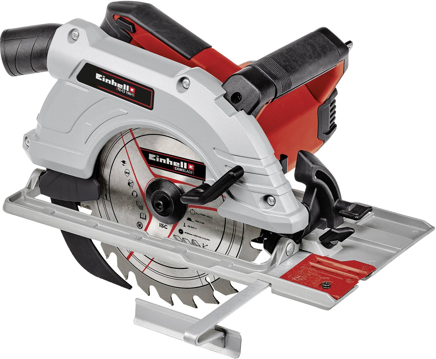 Hand circular saw with red and grey casing, Einhell logo visible. Device mounted on metal stand, with visible saw blade.