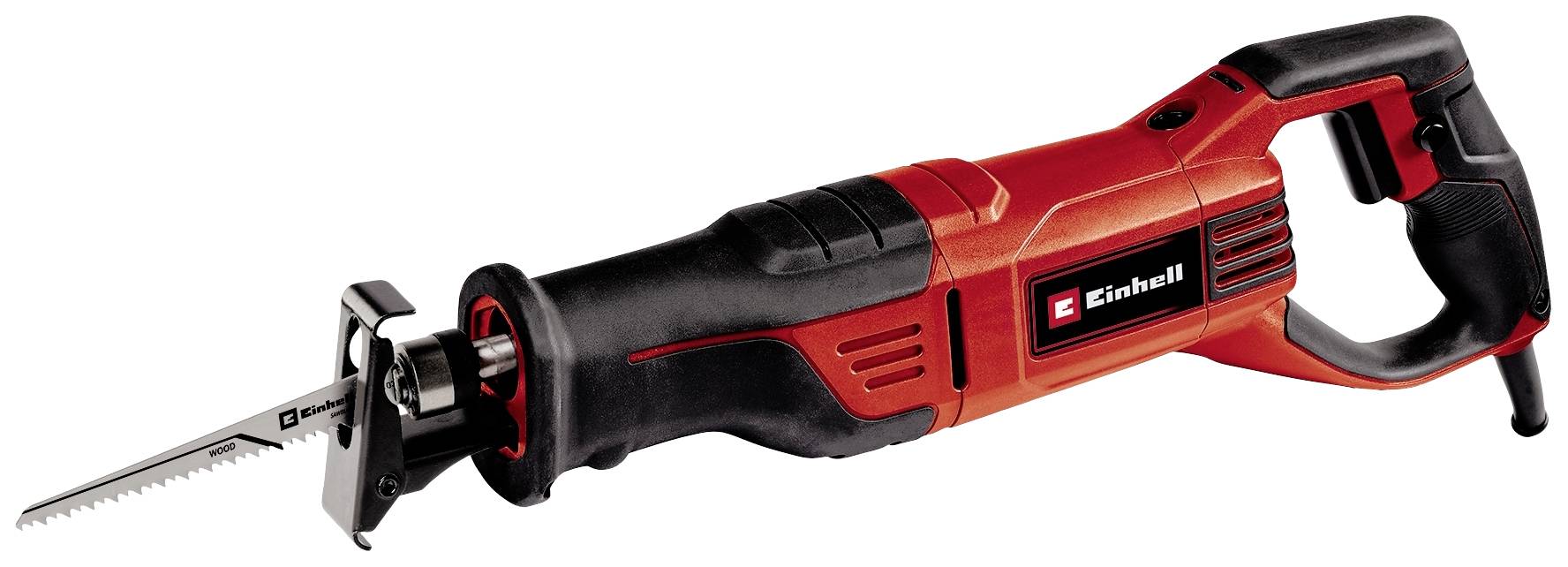 Red electric reciprocating saw with a black and red handle, on/off switch, and blade-side safety lock. Brand logo visible.