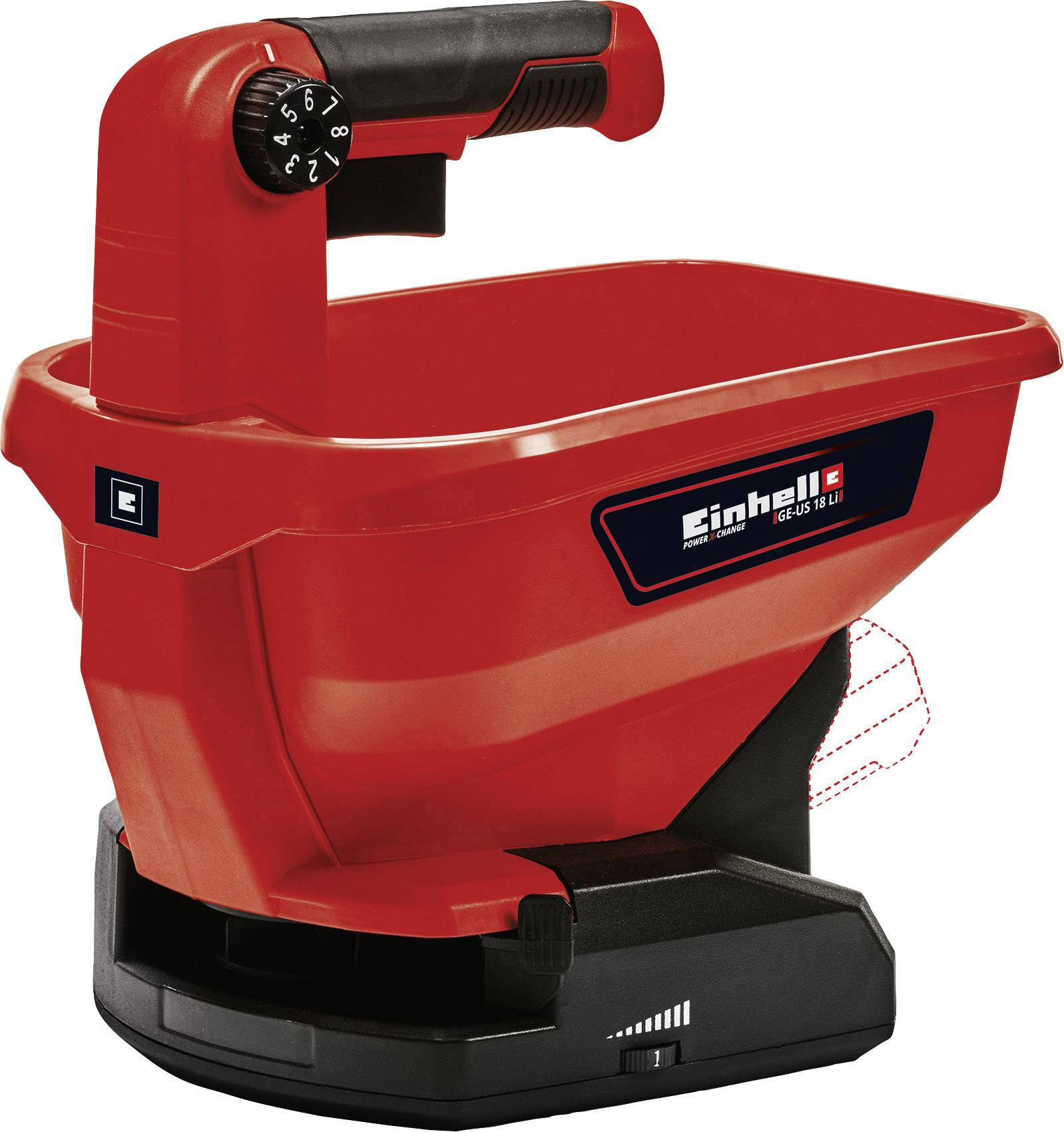 Einhell Battery Spreader in Red with Ergonomic Handle and Adjustment Dial for Spread Quantity. Ready for Use with Various Materials.