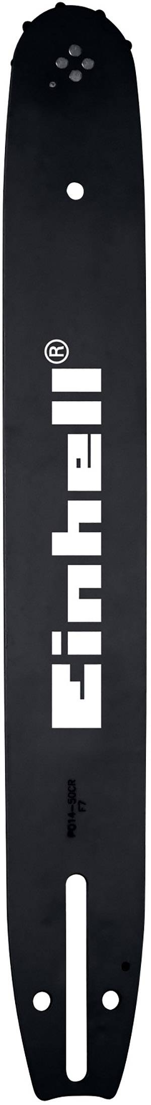 Black guide rail for an Einhell chainsaw, elongated and marked with white 'Einhell' lettering.