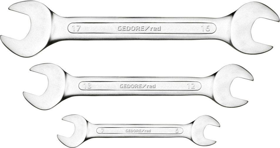 Three open spanners of different sizes, arranged in parallel. Size specifications and 'GEDORE/red' are embossed on each spanner.