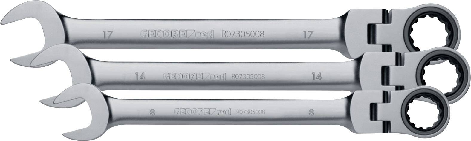 Three combination spanners in different sizes with ratchets on one side and open ends on the other.