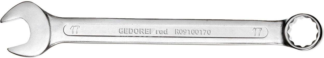 A metal open-ring spanner with the 'GEDORE' inscription in the centre. It has two different ends, each measuring 17 mm in size.
