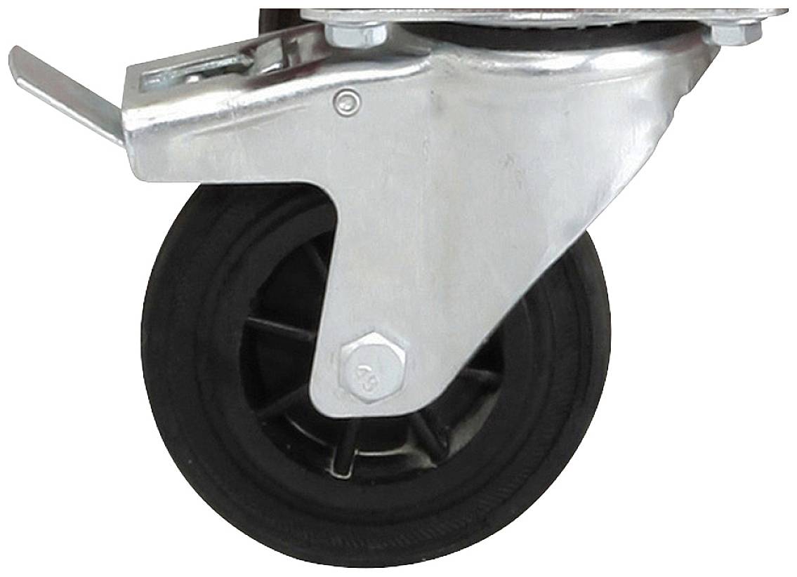 Industrial metal castor wheel, attached to a black rubber tyre, with a mounting plate. Suitable for furniture or equipment.