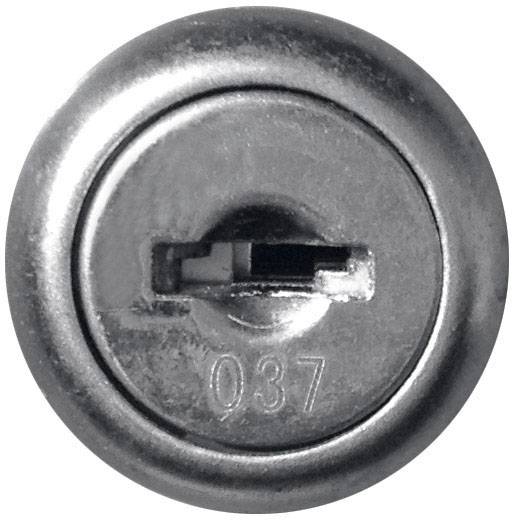 A round silver metal padlock with the inscription '037' on the front.