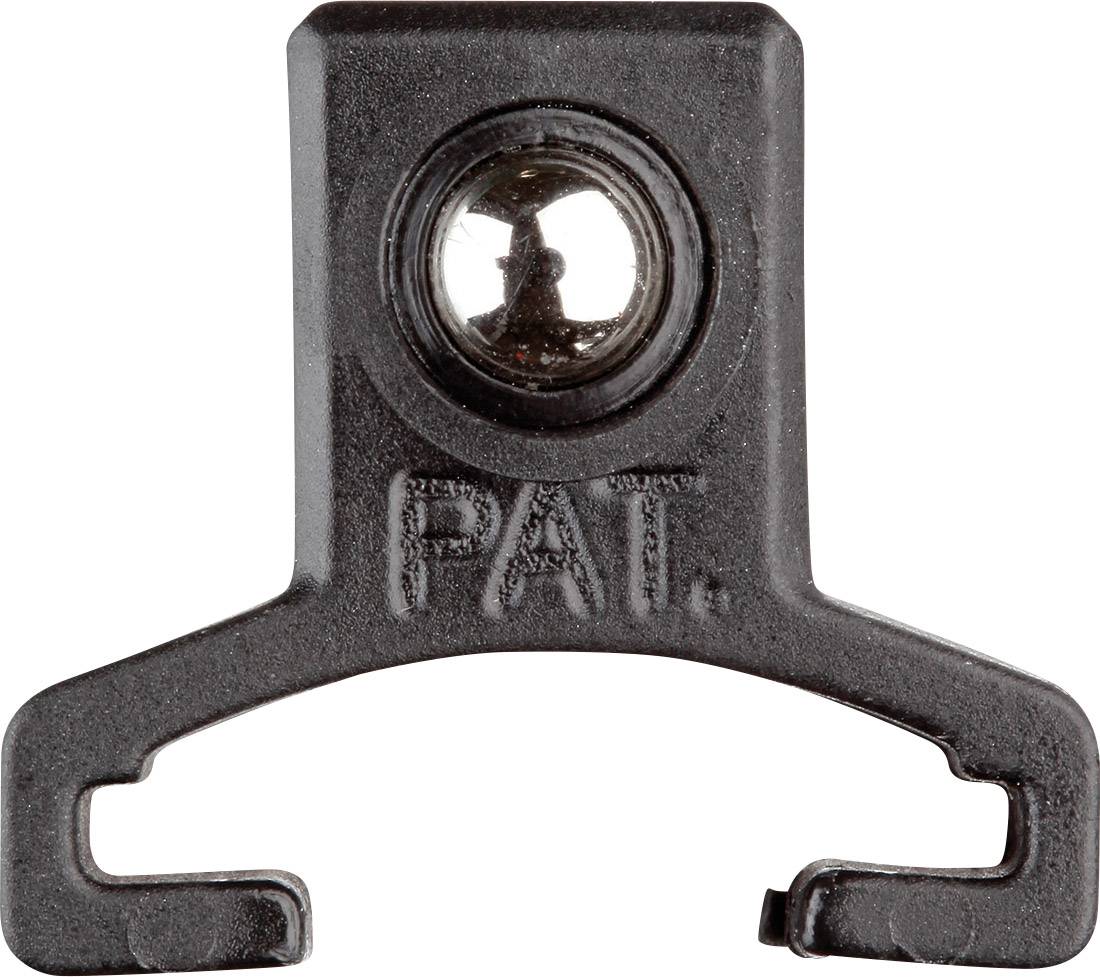 A black plastic hook mounting with a central screw hole and the inscription 'PAT.' on the front.