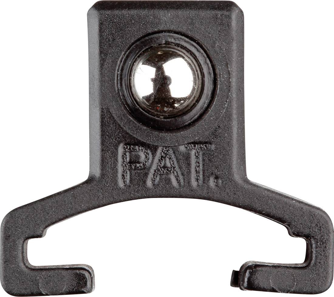 Black metal support with engraved 'PAT.', containing a screw in the centre, used for stabilising objects.