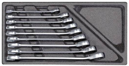 A set of spanners in a plastic insert, lying on a table. The spanners are sorted in various sizes.