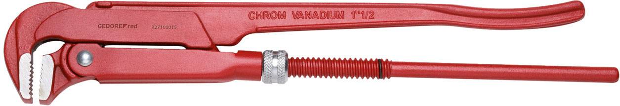 Red pipe wrench with adjustable handle, suitable for gripping and turning pipes and round objects in installations.