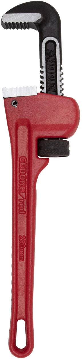 A red adjustable pipe wrench with movable jaws for gripping and turning pipes and similar objects.