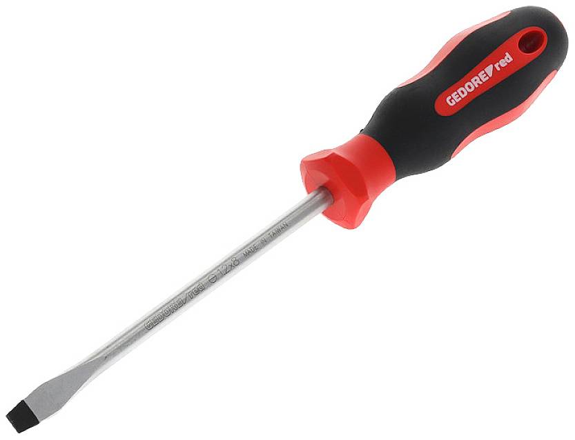 A flathead screwdriver with a red and black handle, suitable for simple assembly and repair work.