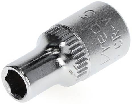 Hexagonal socket wrench, silver metal, used for tightening or loosening screws.