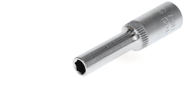 A metal socket with a hexagonal opening and knurled handle, for use with a spanner or ratchet.