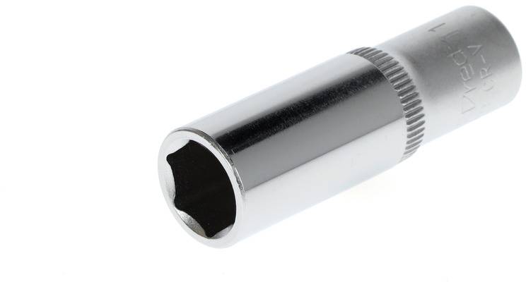 A chrome-plated socket, cylindrically shaped, with a hexagonal opening for a spanner or ratchet for attachment.
