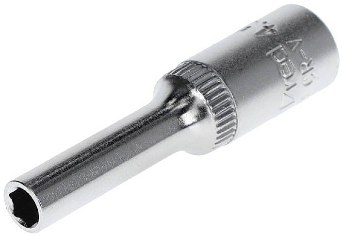 A six-sided socket nut designed for use with a socket wrench set, manufactured from shiny metal.