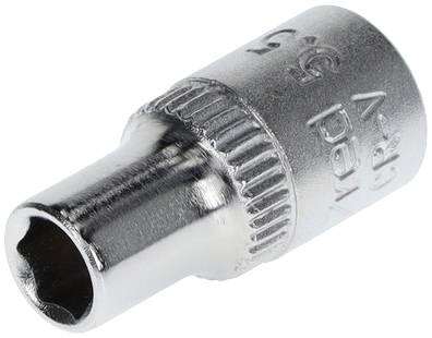 Metal socket key attachment with a round, knurled edge and marked specifications on the surface.