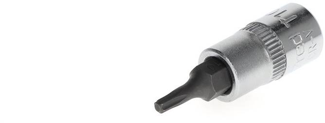 Bit screwdriver with metal head and black bit tip on white background.