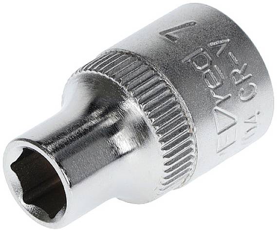 A silver knurled nut with a hexagonal opening, engraved text and a knurled surface, suitable for spanners and ratchets.