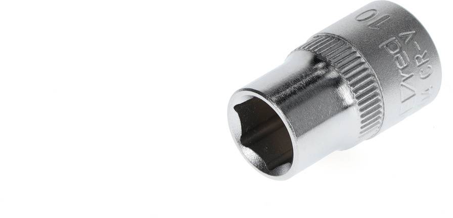 A chrome-plated socket with a hexagonal profile, suitable for screw-related tasks.