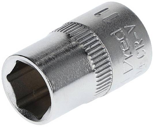 Metal socket adapter with hexagonal opening for attachment to a ratchet or tool.