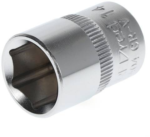 Metal socket with knurled handle and engraved labelling. Tool for increasing torque when using screwdrivers.
