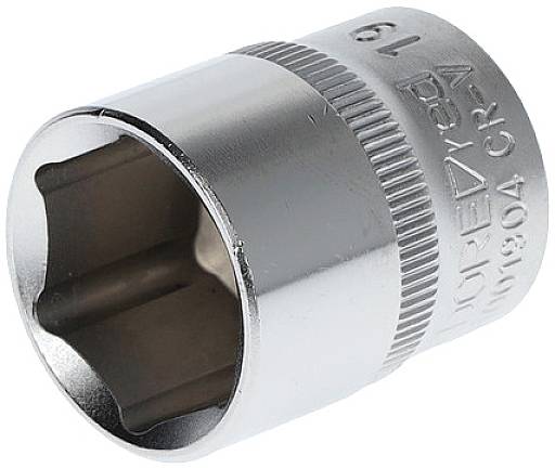 Metallic hexagonal socket with a 19 mm opening and engraving 'CR-V'. Suitable for loosening nuts and bolts.