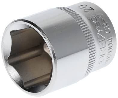 Hexagonal socket insert, silver-coloured, with knurling for improved grip. Suitable for tightening or loosening screwed nuts.