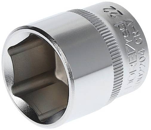Metallic hexagonal socket, shiny, cylindrical, with engraved measurements on the side. Tool for use with a spanner.