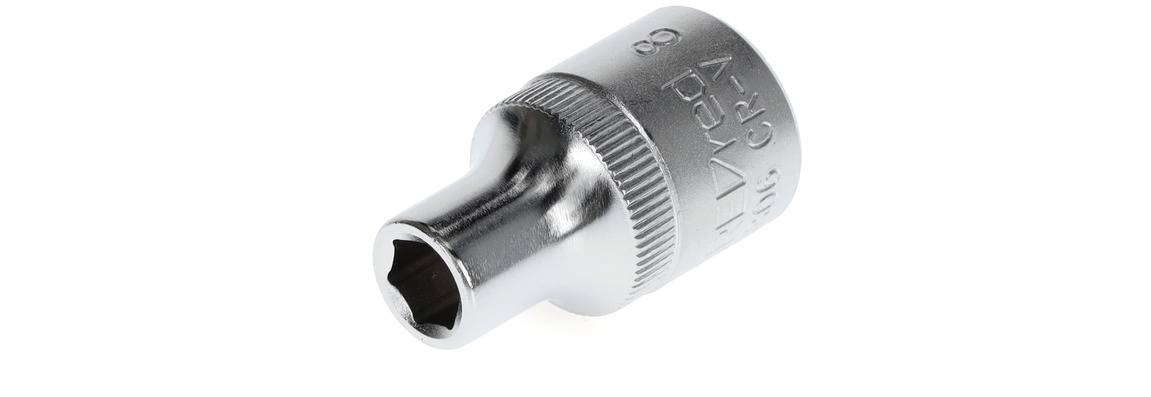 A gleaming, chrome-plated socket with a hexagonal opening and engraved text on the side. It is used for tightening or loosening screws.
