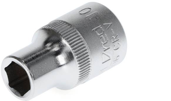A hexagonal metal socket with the size '10' printed on it. Used for tightening screws and nuts.