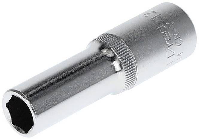 A silver socket extension, cylindrical with a hexagonal end. Suitable for screw-related work.